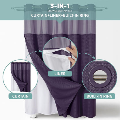No Hook Waffle Shower Curtain with Snap-in Liner, 71x74 Inch, White