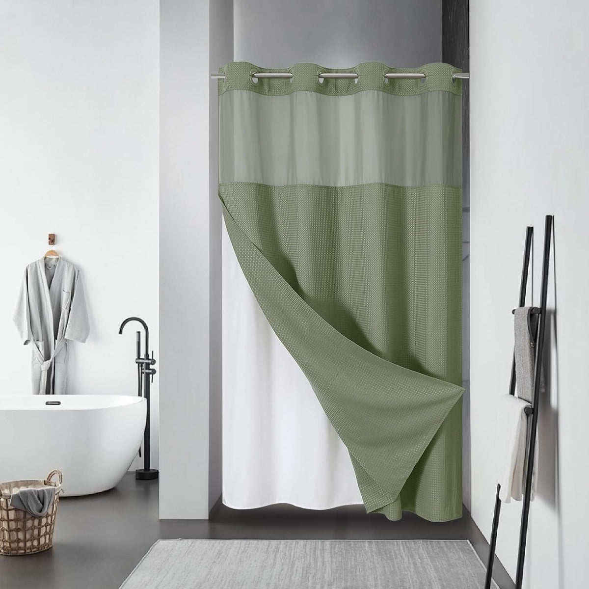No Hook Waffle Shower Curtain with Snap-in Liner, 71x74 Inch, White