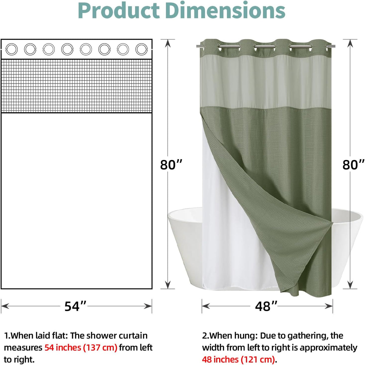 No Hook Waffle Shower Curtain with Snap-in Liner, 71x74 Inch, White