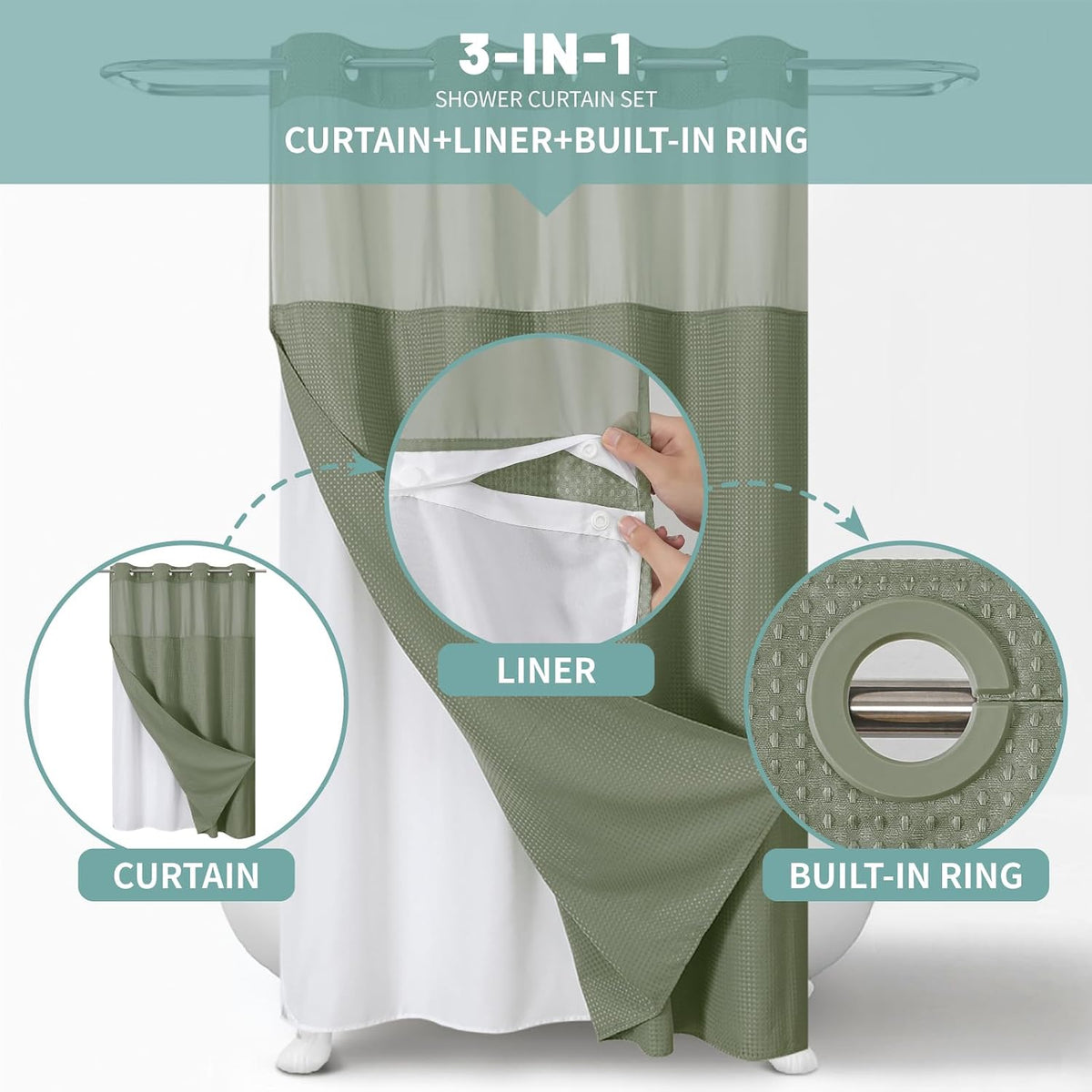No Hook Waffle Shower Curtain with Snap-in Liner, 71x74 Inch, White