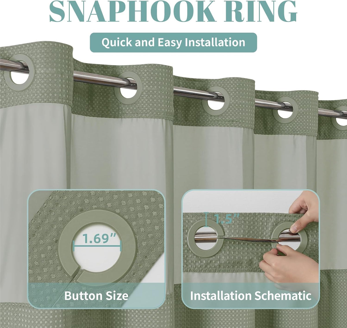 No Hook Waffle Shower Curtain with Snap-in Liner, 71x74 Inch, White