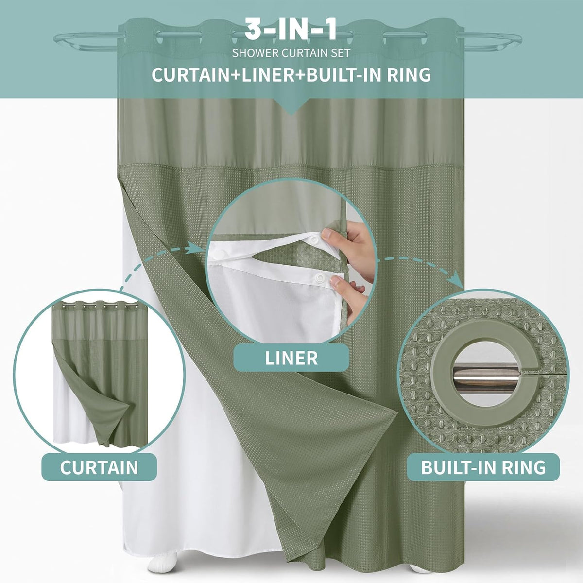 No Hook Waffle Shower Curtain with Snap-in Liner, 71x74 Inch, White