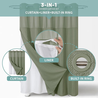 No Hook Waffle Shower Curtain with Snap-in Liner, 71x74 Inch, White