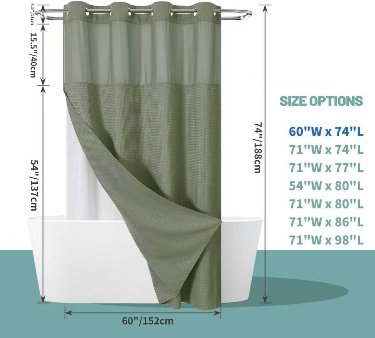 No Hook Waffle Shower Curtain with Snap-in Liner, 71x74 Inch, White