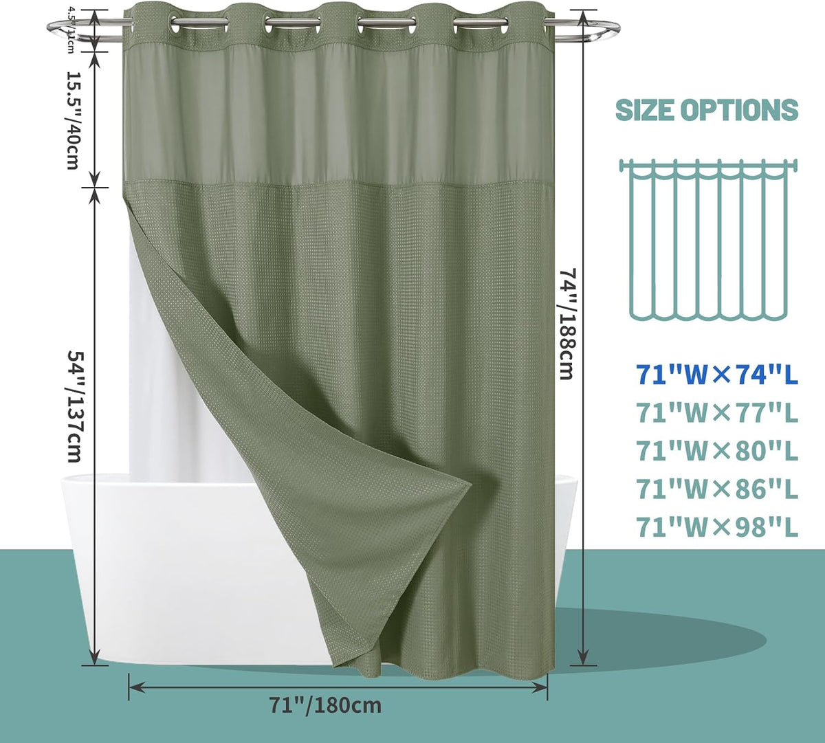 No Hook Waffle Shower Curtain with Snap-in Liner, 71x74 Inch, White