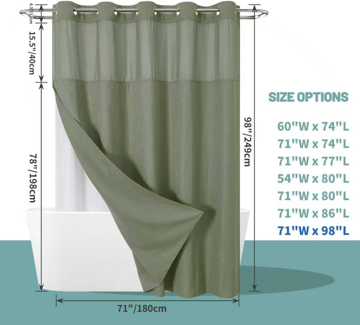 No Hook Waffle Shower Curtain with Snap-in Liner, 71x74 Inch, White