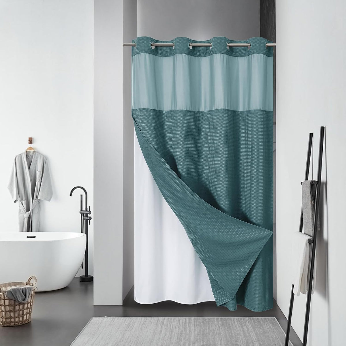 No Hook Waffle Shower Curtain with Snap-in Liner, 71x74 Inch, White