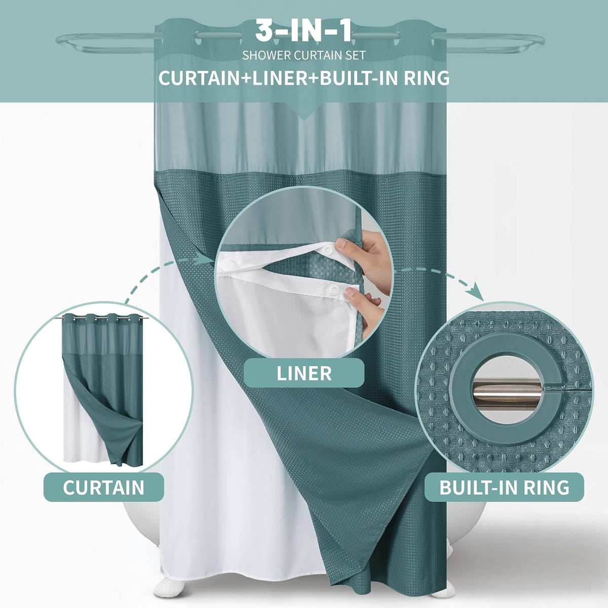No Hook Waffle Shower Curtain with Snap-in Liner, 71x74 Inch, White