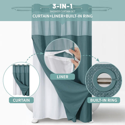 No Hook Waffle Shower Curtain with Snap-in Liner, 71x74 Inch, White