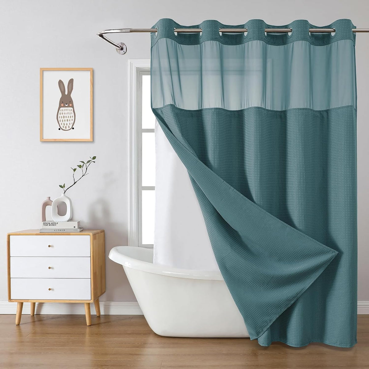 No Hook Waffle Shower Curtain with Snap-in Liner, 71x74 Inch, White