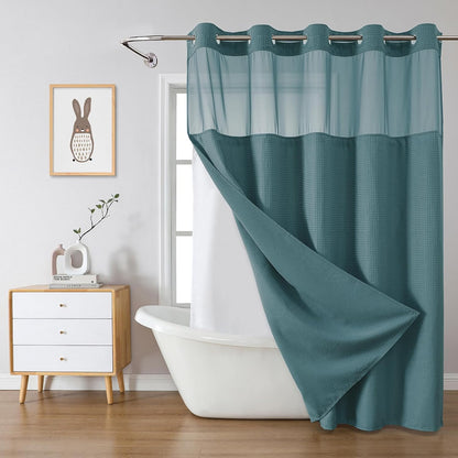 No Hook Waffle Shower Curtain with Snap-in Liner, 71x74 Inch, White