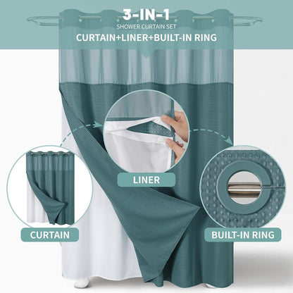 No Hook Waffle Shower Curtain with Snap-in Liner, 71x74 Inch, White