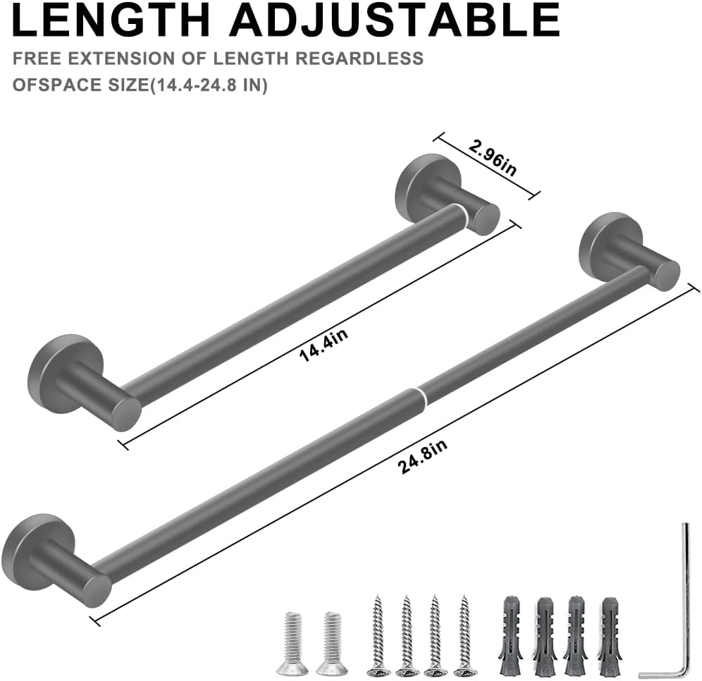 Adjustable Stainless Steel Towel Racks for Bathroom 13.18-24In | Rustproof Single Towel Bar Wall Mounted, Sturdy & Space-Saving Towel Holder Rod for Bathroom Accessories, Silver