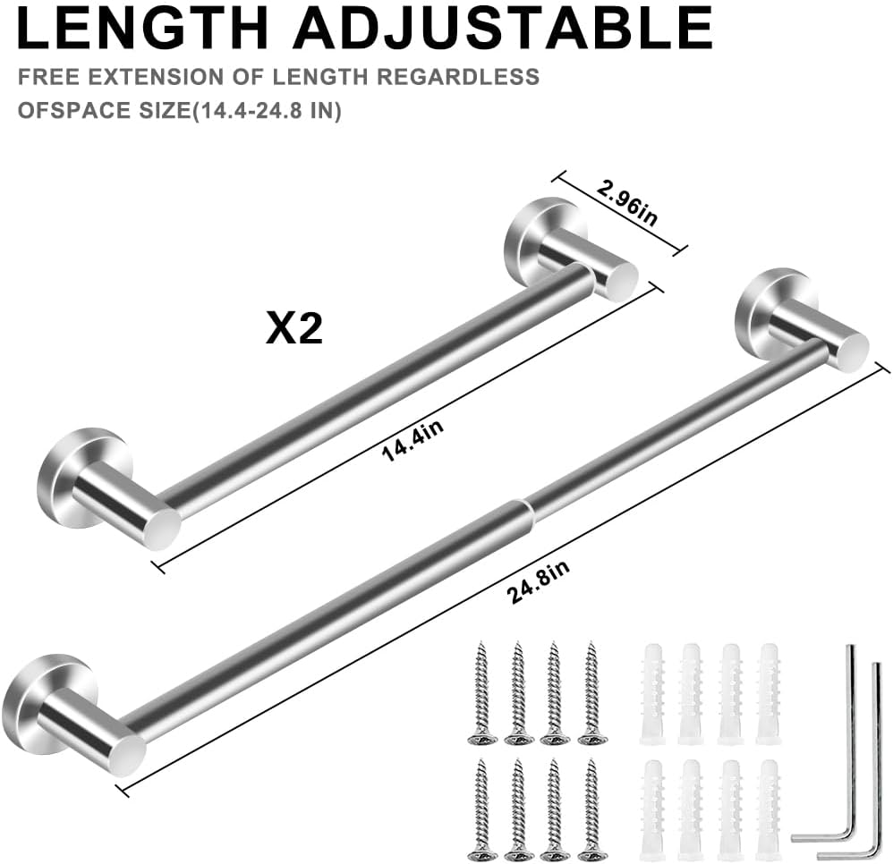 Adjustable Stainless Steel Towel Racks for Bathroom 13.18-24In | Rustproof Single Towel Bar Wall Mounted, Sturdy & Space-Saving Towel Holder Rod for Bathroom Accessories, Silver