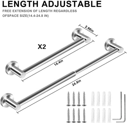 Adjustable Stainless Steel Towel Racks for Bathroom 13.18-24In | Rustproof Single Towel Bar Wall Mounted, Sturdy & Space-Saving Towel Holder Rod for Bathroom Accessories, Silver