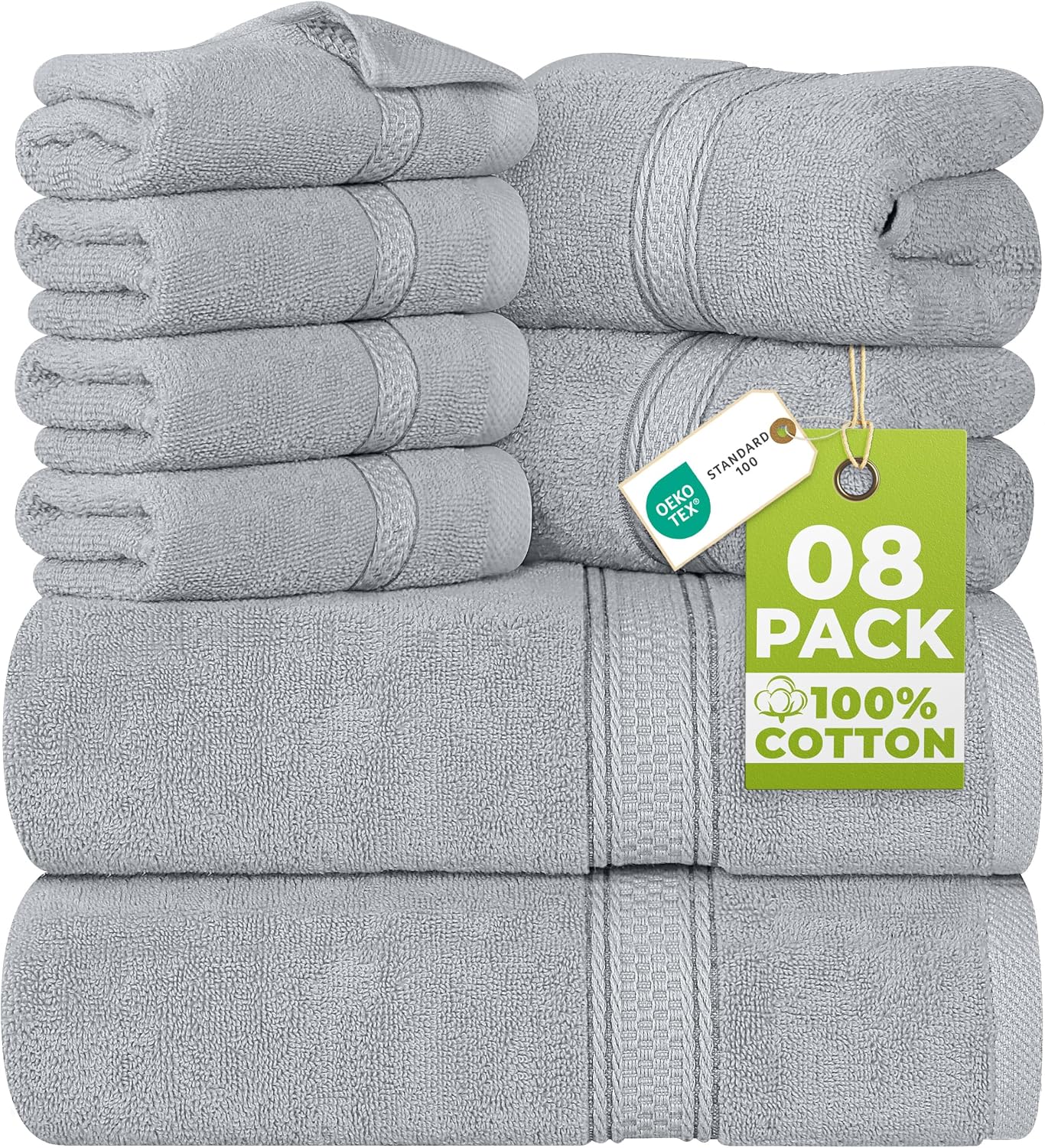 8 Piece Majestic Plush Luxury Towel Set, Cotton, Grey | Majestic Plush 100% Ring Spun Cotton Towels - Super Absorbent, Quicker-to-Dry, Thick & Soft, Bathroom, Spa & Hotel