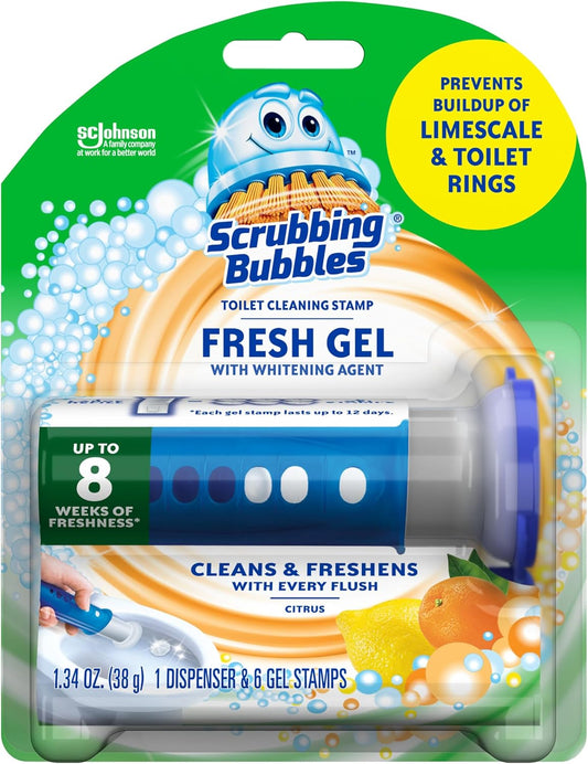 Fresh Gel Toilet Bowl Cleaning Stamps, Helps Keep Toilet Clean and Helps Prevent Limescale & Rings, Citrus Scent, 1 Dispenser with 6 Fresh Gel Stamps
