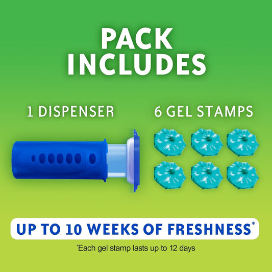 Fresh Gel Toilet Bowl Cleaning Stamps, Helps Keep Toilet Clean and Helps Prevent Limescale & Rings, Citrus Scent, 1 Dispenser with 6 Fresh Gel Stamps