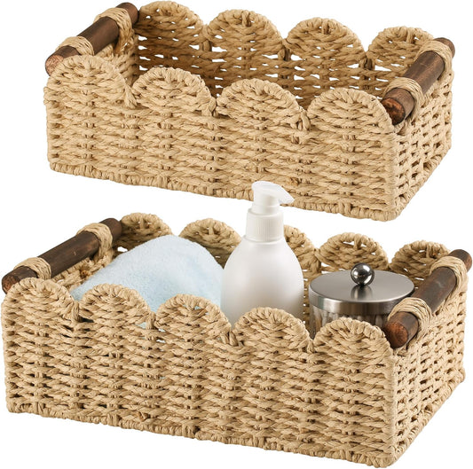 Wicker Baskets for Organizing Toilet Paper Storage Basket | with handle for Bathroom Bedroom Home Farmhouse Decor,Set of 2,Green