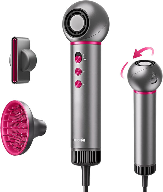High-Speed Travel Hair Dryer, 360° Rotating Head, 0.6Lb Lightweight | 110000 RPM Ionic Blow Dryer with Diffuser & Concentrator, Fast Drying for Curly & All Hair Types, Portable & Compact, Home