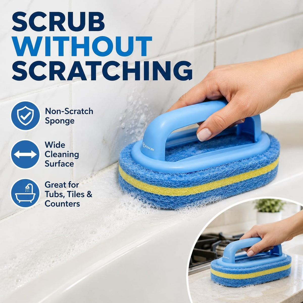 Scrub Brush Set for Bathroom Kitchen Bathtub Toilet Deep Cleaning Brush Tools All Purpose Cleaner Sponge Scrubbing Brushes with Ergonomic Handle