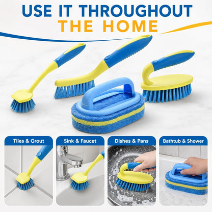 Scrub Brush Set for Bathroom Kitchen Bathtub Toilet Deep Cleaning Brush Tools All Purpose Cleaner Sponge Scrubbing Brushes with Ergonomic Handle