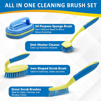 Scrub Brush Set for Bathroom Kitchen Bathtub Toilet Deep Cleaning Brush Tools All Purpose Cleaner Sponge Scrubbing Brushes with Ergonomic Handle