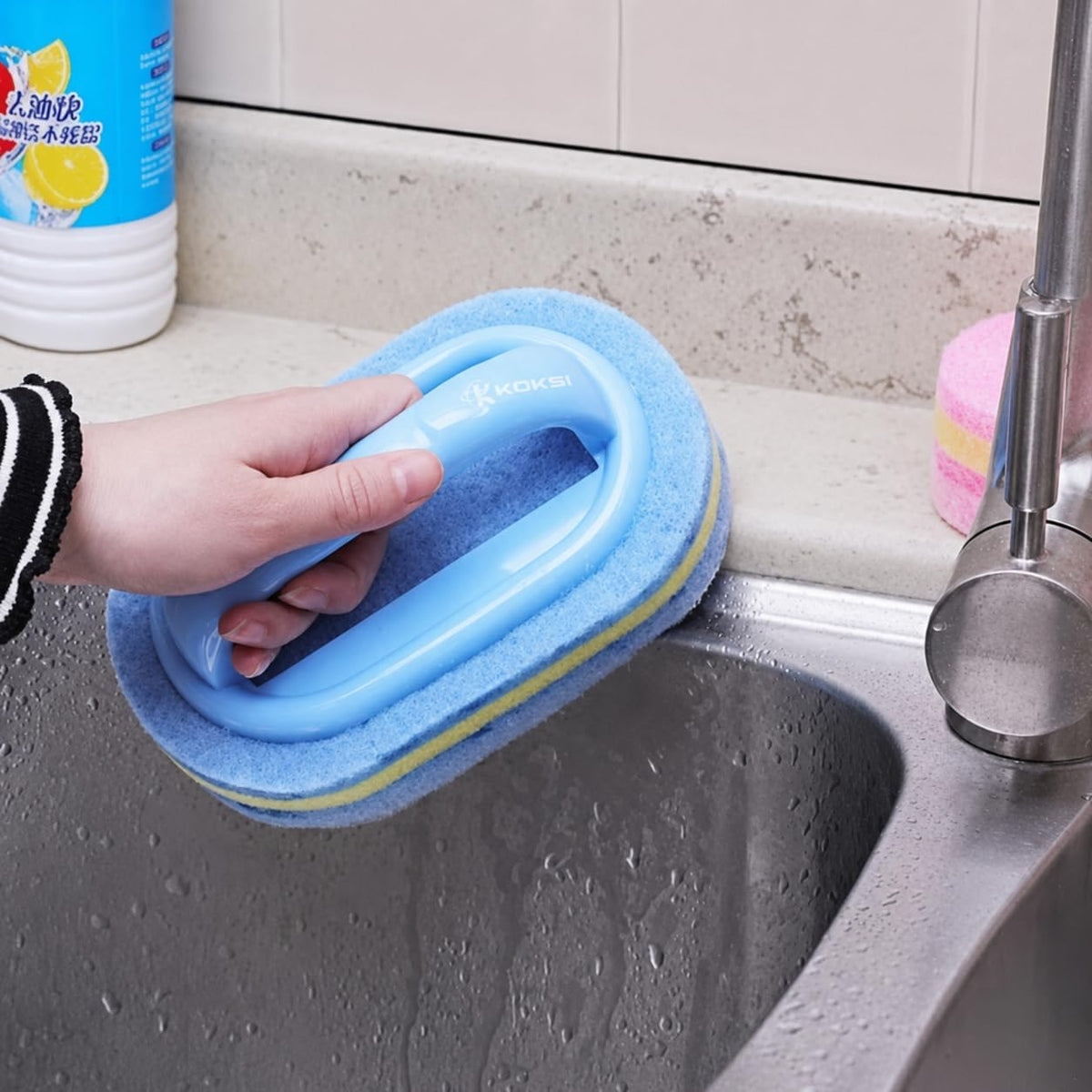 Scrub Brush Set for Bathroom Kitchen Bathtub Toilet Deep Cleaning Brush Tools All Purpose Cleaner Sponge Scrubbing Brushes with Ergonomic Handle