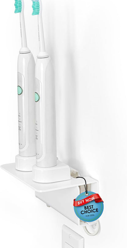 Electric Toothbrush Holder for Bathroom, Acrylic Electric Toothbrush Holder Wall Mounted Come with Cable Organizer, Saving Space and Convenient Charging - White