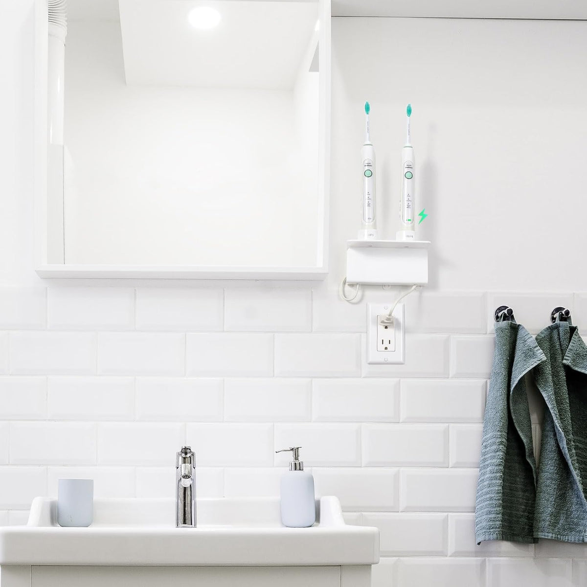 Electric Toothbrush Holder for Bathroom, Acrylic Electric Toothbrush Holder Wall Mounted Come with Cable Organizer, Saving Space and Convenient Charging - White