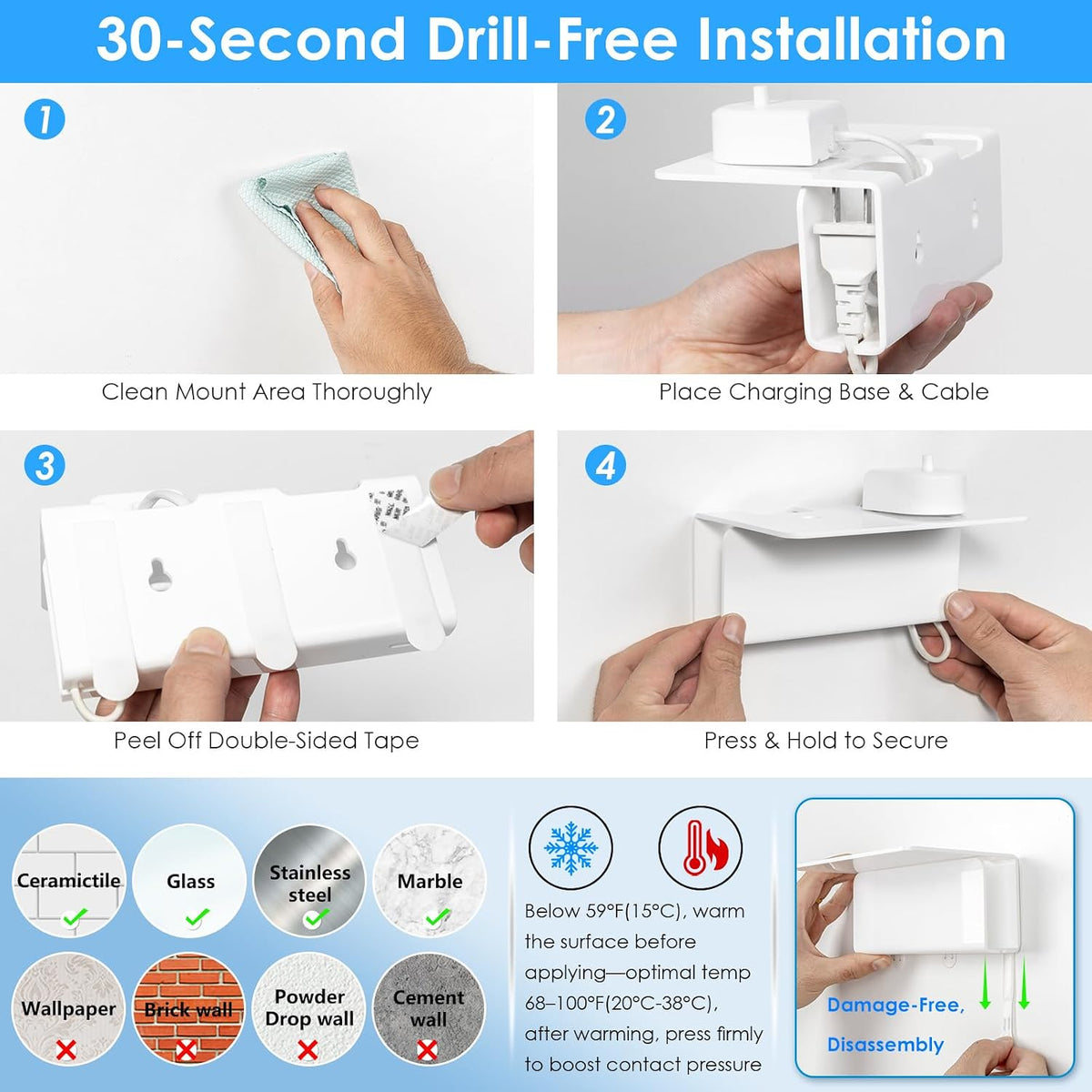 Electric Toothbrush Holder for Bathroom, Acrylic Electric Toothbrush Holder Wall Mounted Come with Cable Organizer, Saving Space and Convenient Charging - White