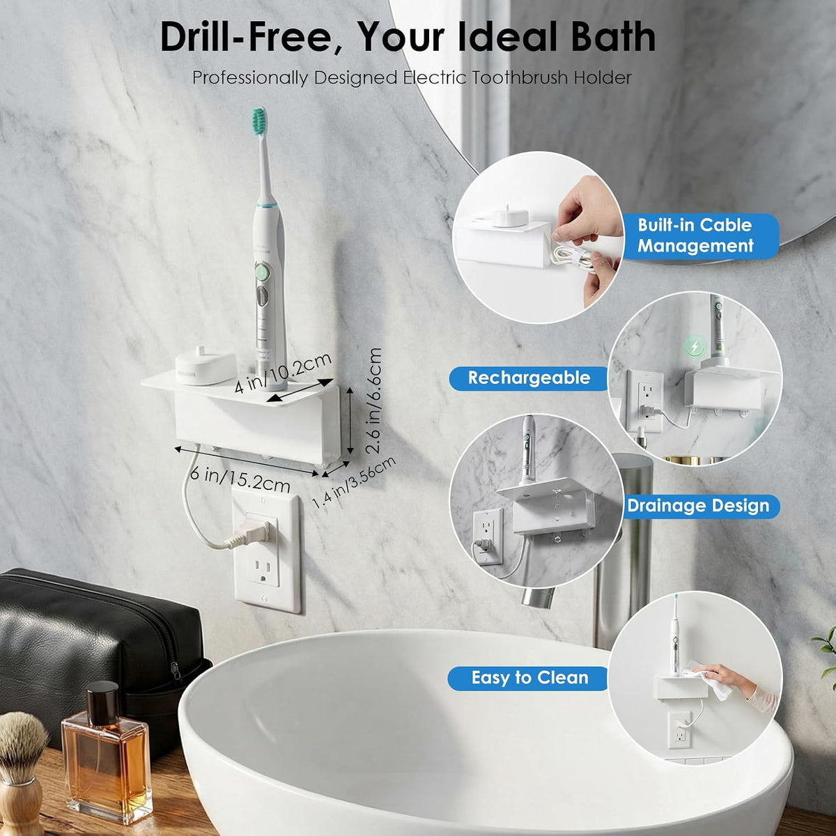 Electric Toothbrush Holder for Bathroom, Acrylic Electric Toothbrush Holder Wall Mounted Come with Cable Organizer, Saving Space and Convenient Charging - White