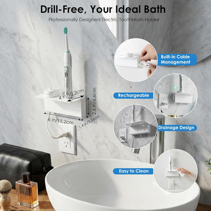 Electric Toothbrush Holder for Bathroom, Acrylic Electric Toothbrush Holder Wall Mounted Come with Cable Organizer, Saving Space and Convenient Charging - White