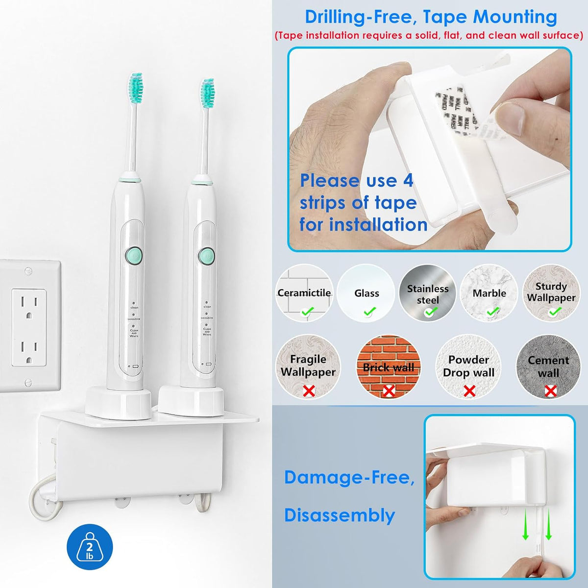 Electric Toothbrush Holder for Bathroom, Acrylic Electric Toothbrush Holder Wall Mounted Come with Cable Organizer, Saving Space and Convenient Charging - White