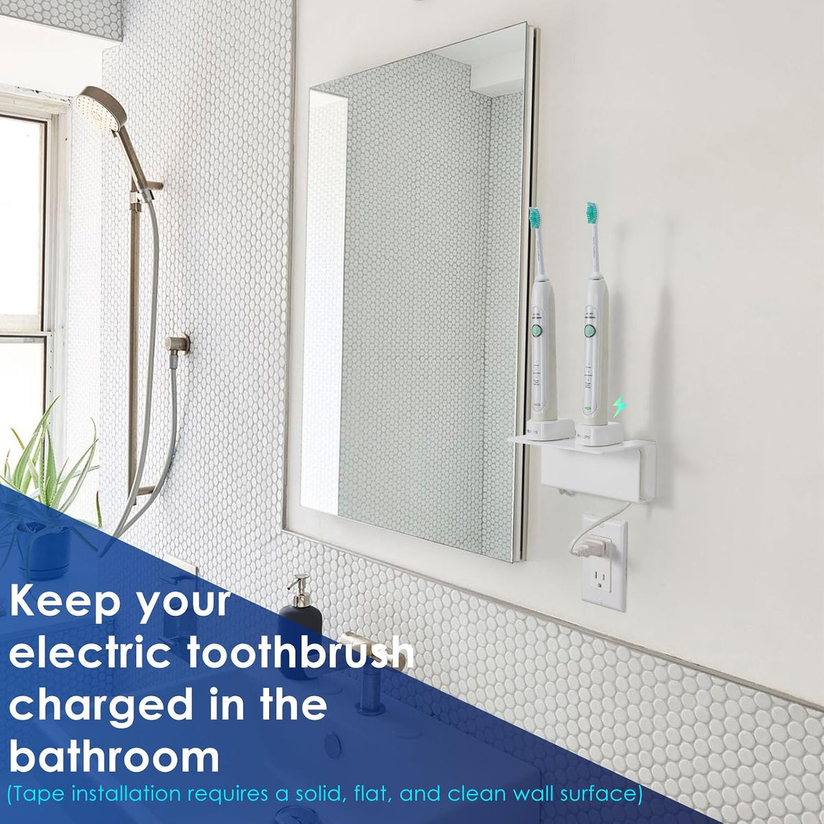Electric Toothbrush Holder for Bathroom, Acrylic Electric Toothbrush Holder Wall Mounted Come with Cable Organizer, Saving Space and Convenient Charging - White