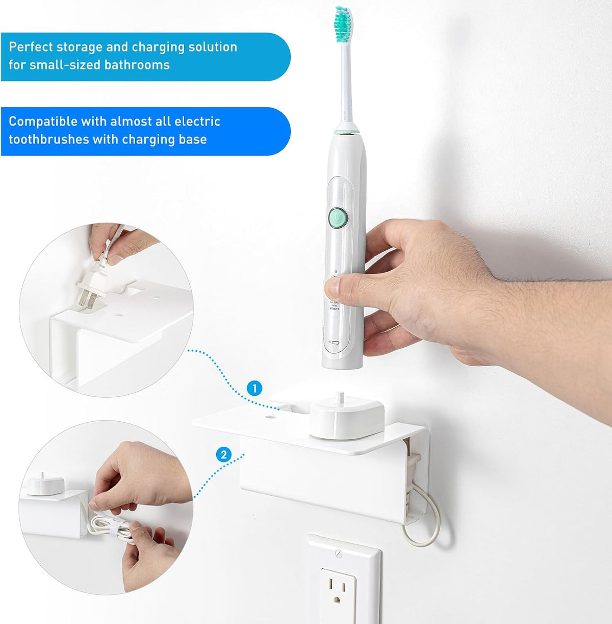 Electric Toothbrush Holder for Bathroom, Acrylic Electric Toothbrush Holder Wall Mounted Come with Cable Organizer, Saving Space and Convenient Charging - White