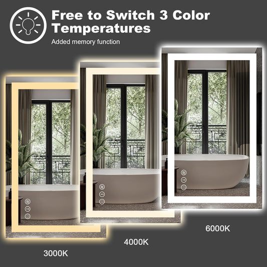 24"X32" LED Bathroom Mirror with Lights, Front Lit and Backlight | Stepless Dimmable, Anti-Fog, Shatter-Proof, HD Reflection, Memory, 3 Colors Lighting, UL Listed (Horizontal/Vertical). - Colors B