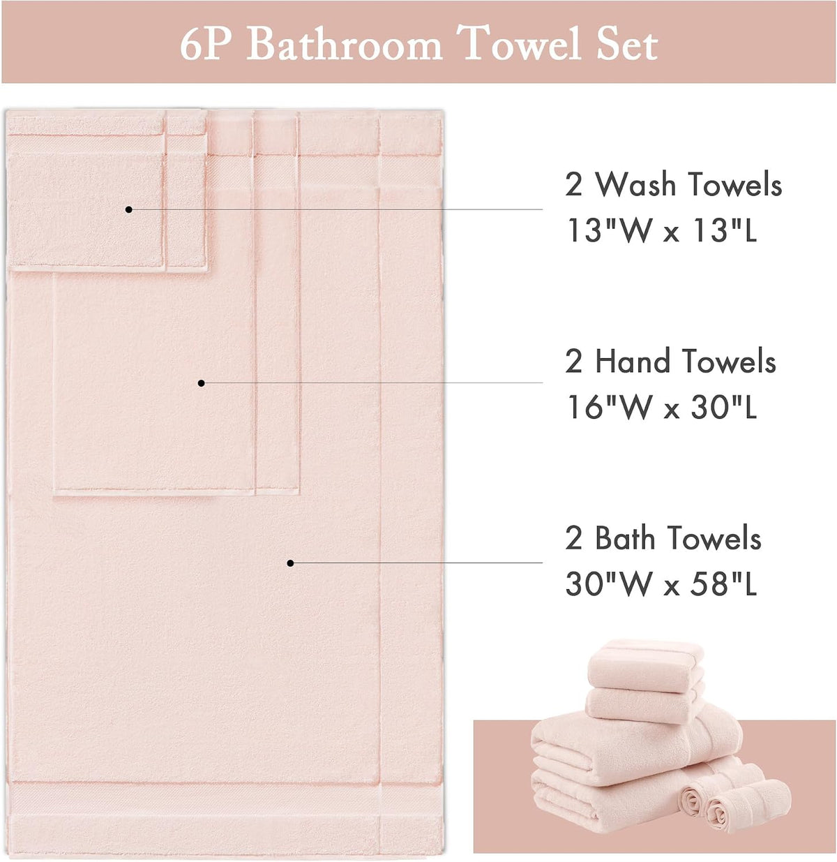 100% Turkish Cotton 600 GSM Bath Towel Set, 6 Piece, Purple