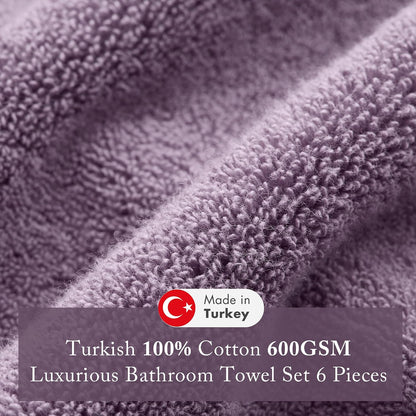 100% Turkish Cotton 600 GSM Bath Towel Set, 6 Piece, Purple