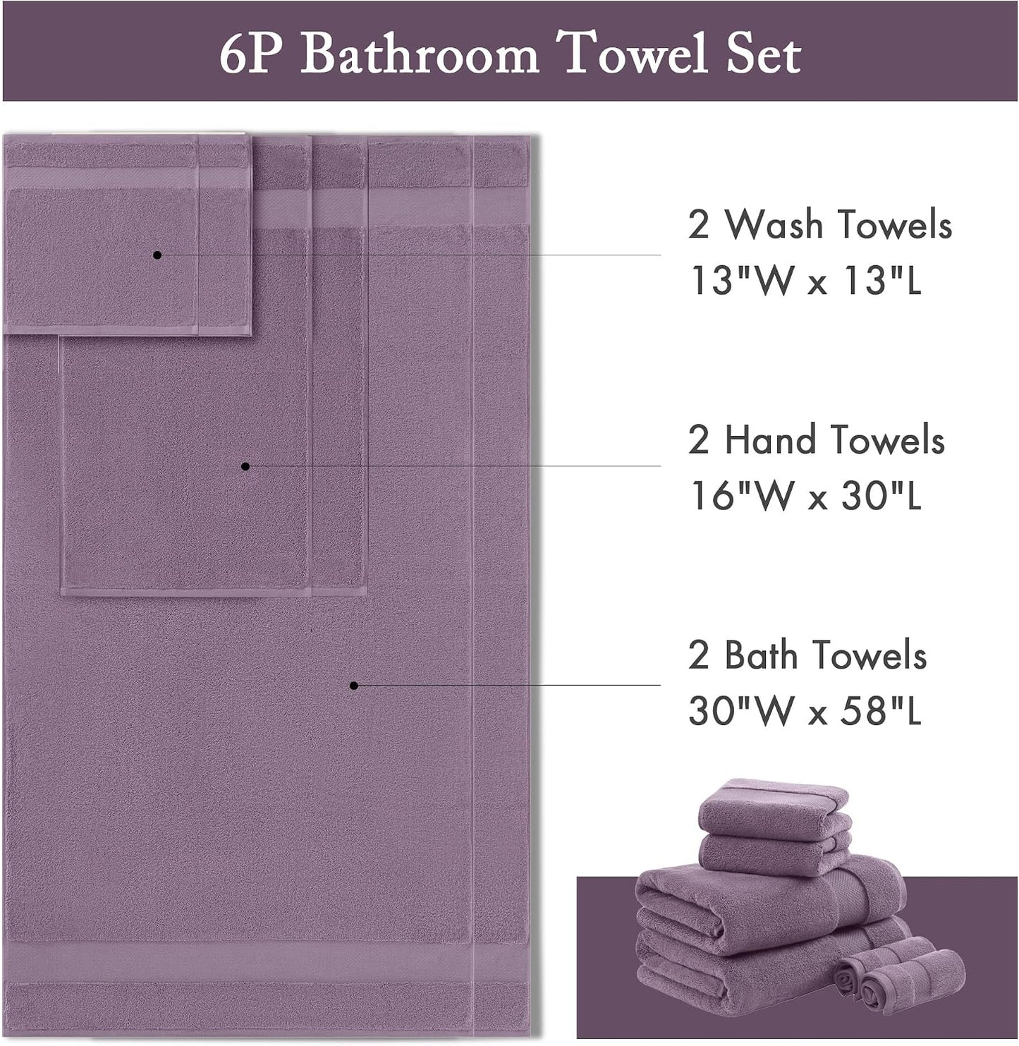 100% Turkish Cotton 600 GSM Bath Towel Set, 6 Piece, Purple