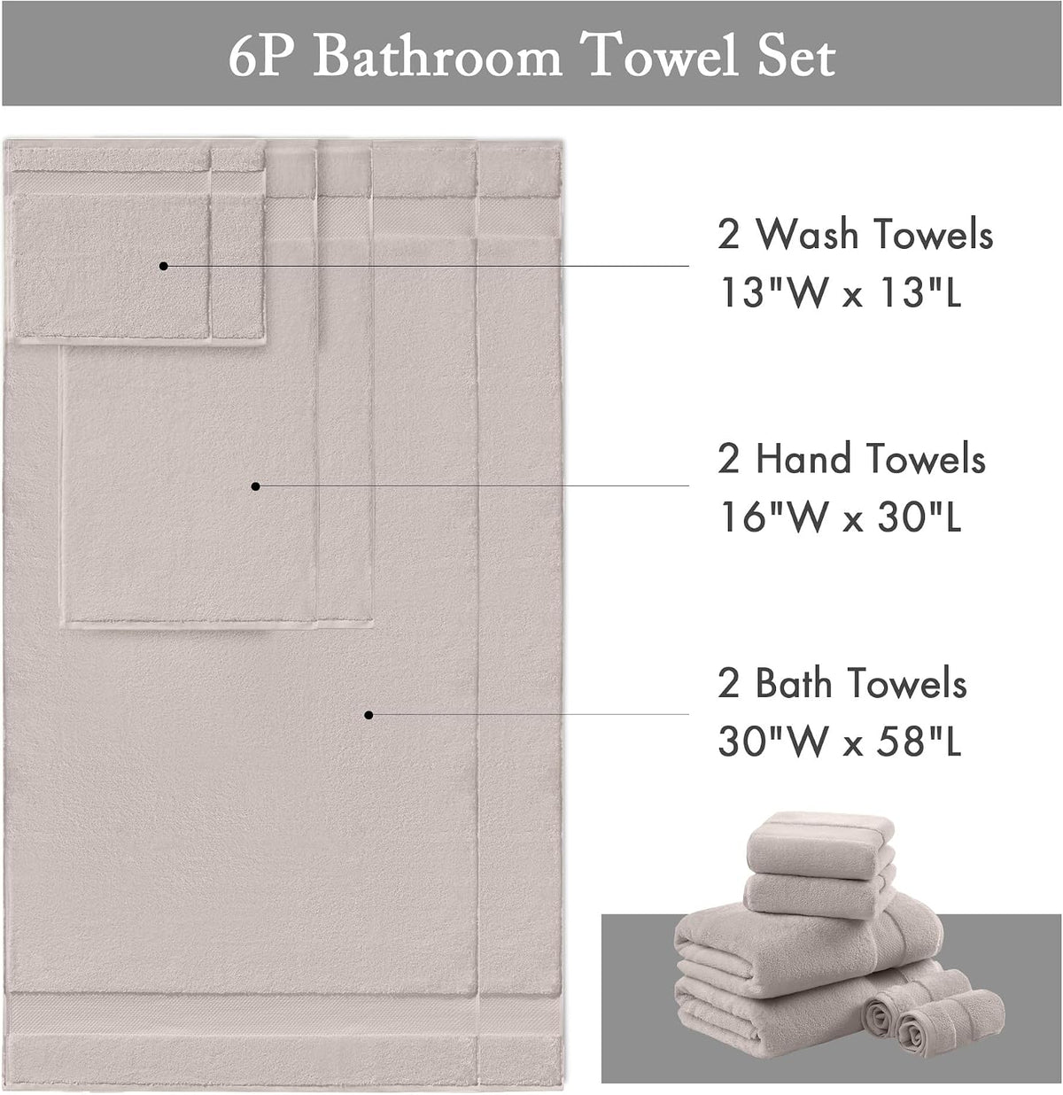 100% Turkish Cotton 600 GSM Bath Towel Set, 6 Piece, Purple