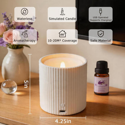 Waterless Essential Oil Diffuser,LED Candle Diffuser with Rechargeable,Wireless Candle Waterless Diffuser,3D Wick and Realistic Candle Flame Diffuser with 12PCS Cotton Pads(with Battery)