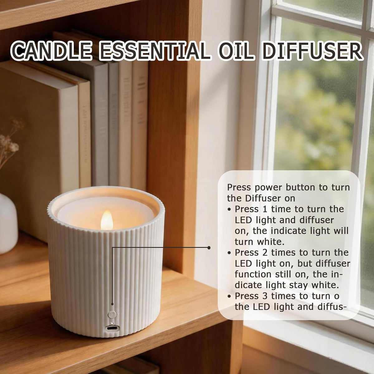 Waterless Essential Oil Diffuser,LED Candle Diffuser with Rechargeable,Wireless Candle Waterless Diffuser,3D Wick and Realistic Candle Flame Diffuser with 12PCS Cotton Pads(with Battery)