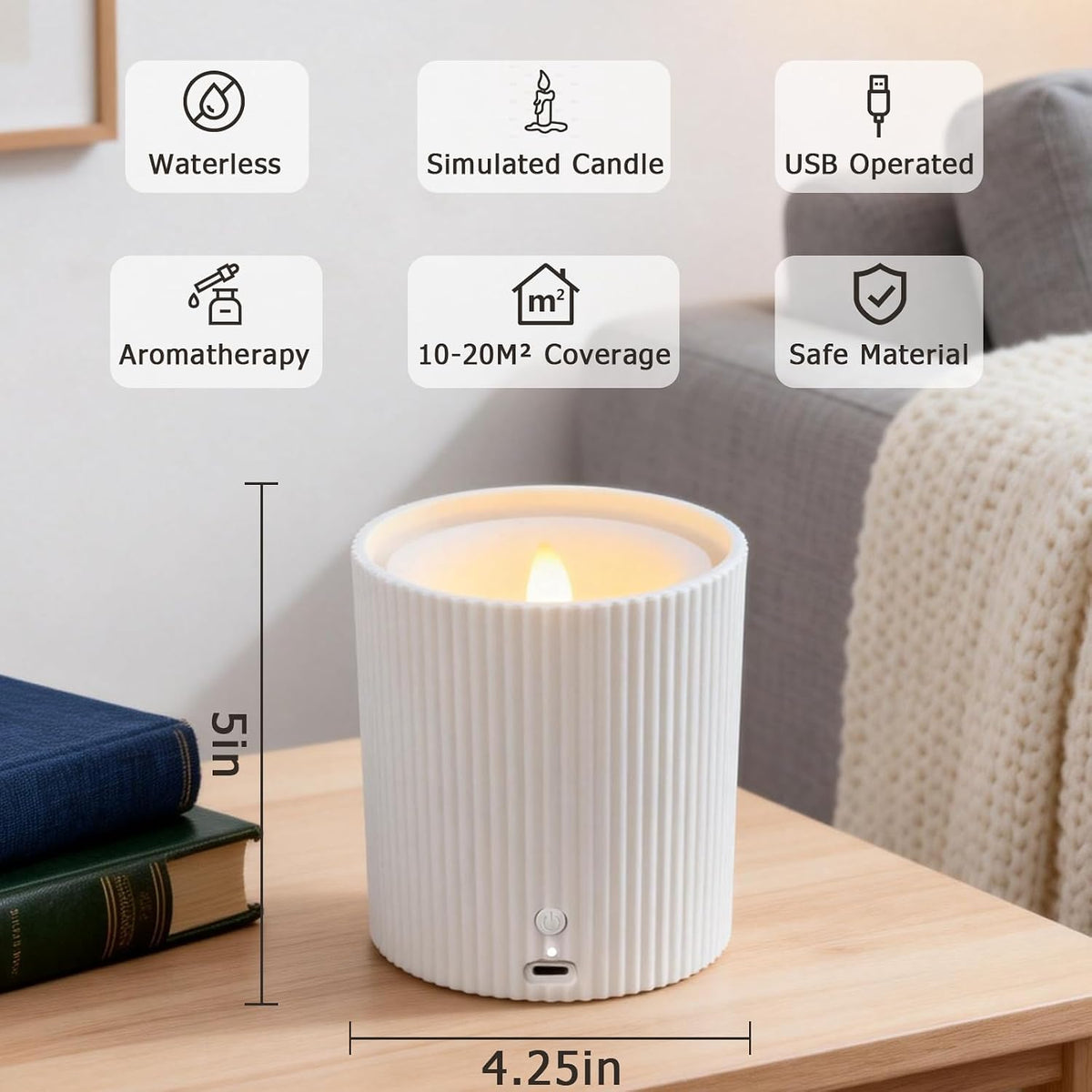 Waterless Essential Oil Diffuser,LED Candle Diffuser with Rechargeable,Wireless Candle Waterless Diffuser,3D Wick and Realistic Candle Flame Diffuser with 12PCS Cotton Pads(with Battery)