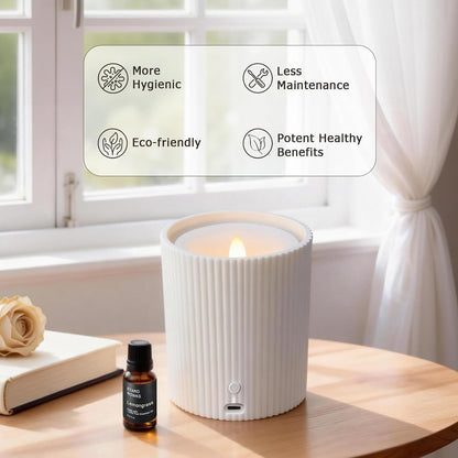 Waterless Essential Oil Diffuser,LED Candle Diffuser with Rechargeable,Wireless Candle Waterless Diffuser,3D Wick and Realistic Candle Flame Diffuser with 12PCS Cotton Pads(with Battery)