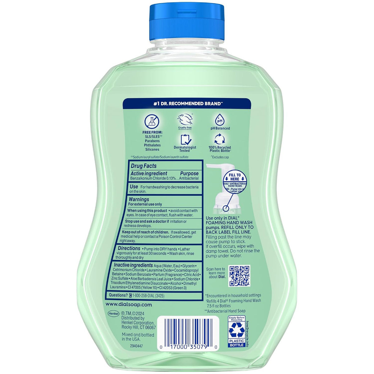 Dial Antibacterial Defense Foaming Hand Soap + Aloe, Spring Water Scent, 30 Fl Oz Hand Soap Refill (4 Pack), Dermatologist-Tested, Gentle on Skin