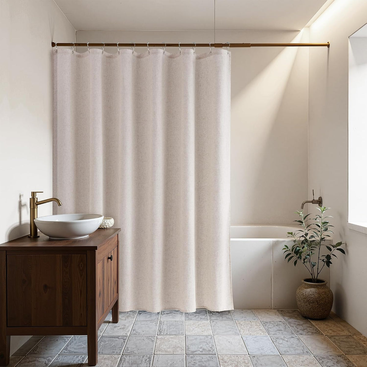 Linen Shower Curtain 72 Inch Long for Bathroom Beige 1 Panel - Colors B