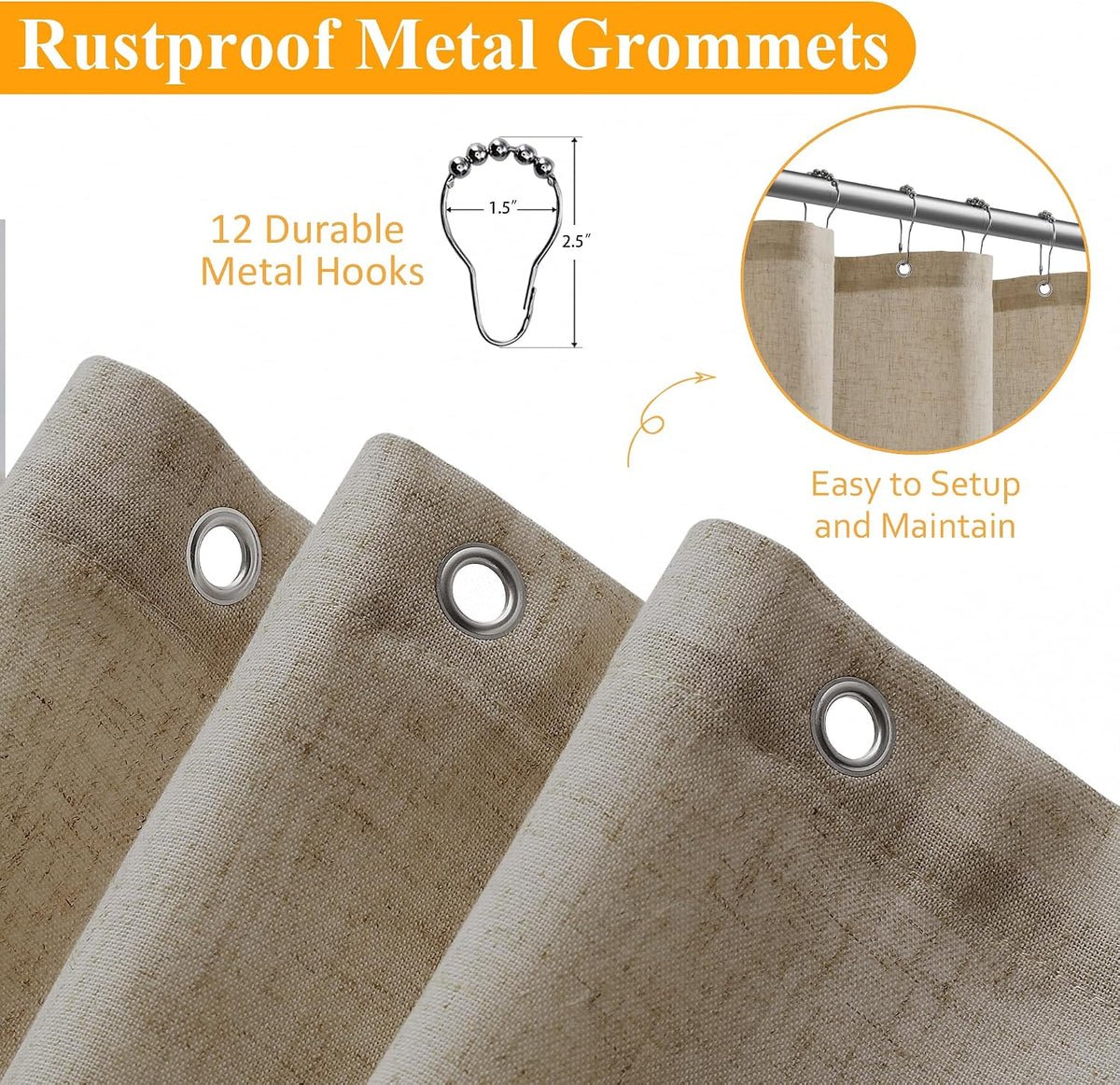 Linen Shower Curtain 72 Inch Long for Bathroom Beige 1 Panel - Colors B