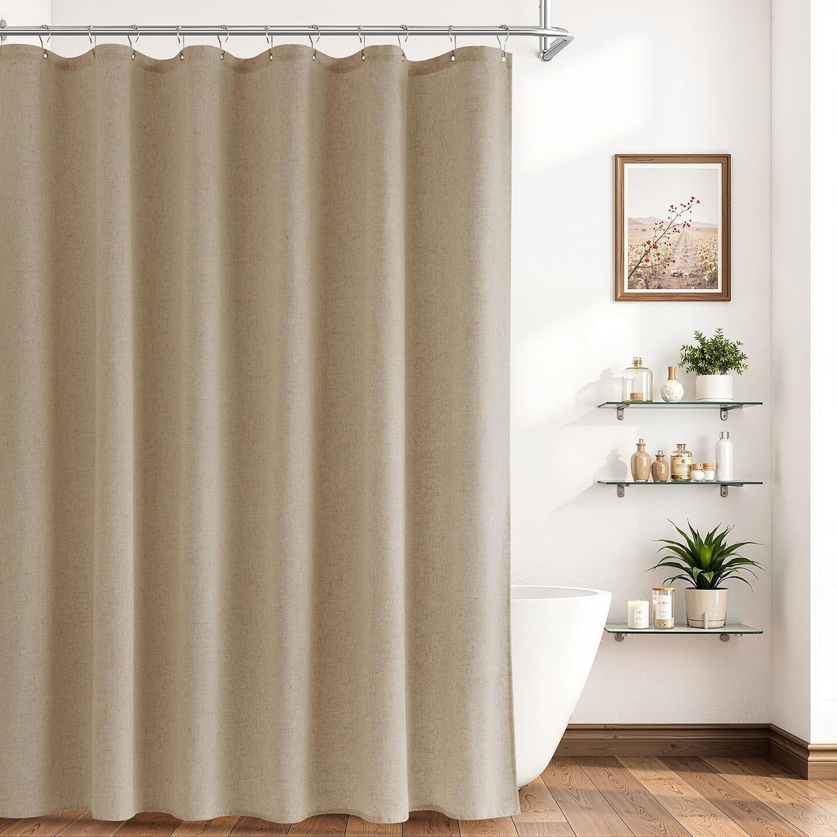 Linen Shower Curtain 72 Inch Long for Bathroom Beige 1 Panel - Colors B