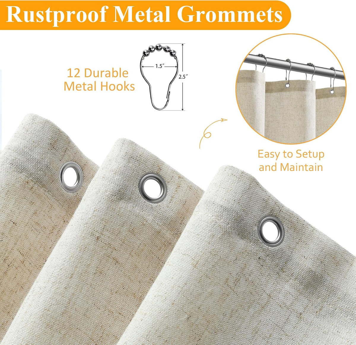 Linen Shower Curtain 72 Inch Long for Bathroom Beige 1 Panel - Colors B